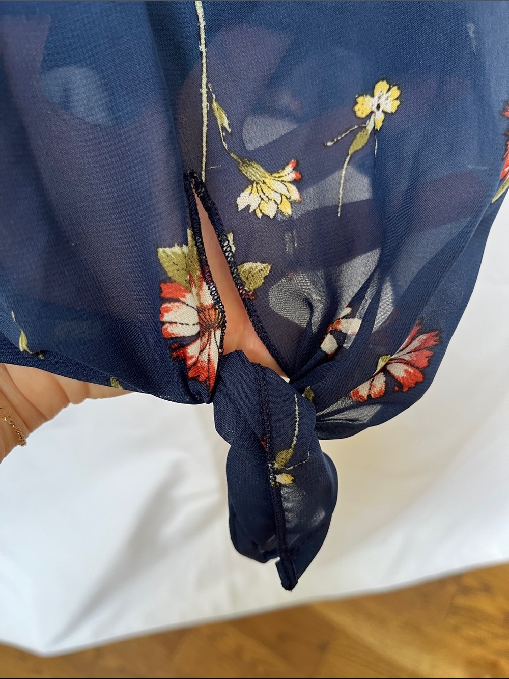 Beautees Navy Floral Crochet Yoke Tie-Front Blouse - Picture 6 of 7